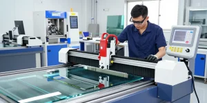 Technician using glass cutting machine cnc in a modern glass processing facility