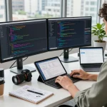 Engaged developer using group buy seo tools in a modern tech workspace with dual monitors and creative environment.