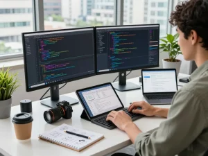 Engaged developer using group buy seo tools in a modern tech workspace with dual monitors and creative environment.
