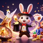 Engage with bk8's thrilling casino scene featuring a magician rabbit, dove, and monkey amidst golden coins and jackpots.