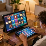 Engaging in Slot Gacor Dewagg gaming session, colorful reels displayed on tablet in cozy setting.