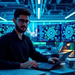 Showcase of EORMC in a high-tech blockchain development workspace featuring a developer and multiple monitors.