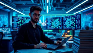 Showcase of EORMC in a high-tech blockchain development workspace featuring a developer and multiple monitors.