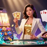 Experience UFABET's elite gaming with an elegant Asian woman set in a vibrant casino scene, showcasing excellence.