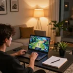 A player enjoys a mini-game experience on a laptop in a cozy living room setting with personal touches and strategic notes.