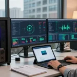 Mining crypto online in a modern office setup with multiple screens showing blockchain analytics, digital wallet app, and mining hardware.