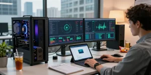 Mining crypto online in a modern office setup with multiple screens showing blockchain analytics, digital wallet app, and mining hardware.