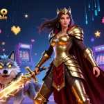 Interagissez avec un casino en ligne fiable à travers une scène vibrante mettant en vedette une reine guerrière et des machines d'arcade.