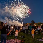 Buy fireworks Manchester celebration with vibrant fireworks illuminating a joyful crowd in the park.