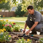 Professional Irrigation Services in Bedford, TX technician repairing a drip irrigation system in a vibrant backyard.
