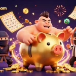 Engage with keonhacai5nam as a cartoon piggy bank sumo wrestler stomps and scatters riches in an exciting casino scene.