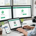 Engaged professional logging into WhatsApp網頁版 on a modern workspace laptop with dual monitors.