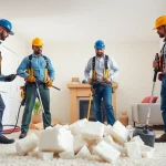 Skilled spray foam removal contractors performing insulation removal safely in a bright home.