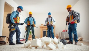 Skilled spray foam removal contractors performing insulation removal safely in a bright home.