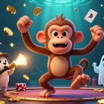 Catch thrilling action with IDCASH88 as a mischievous monkey juggles golden coins in a dynamic haunted casino scene.