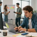 Researching how to find profitable niches online in a modern business workspace.