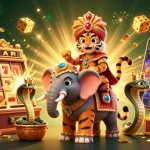Spin to win with link depo 5k—a colorful 3D illustration of a tiger and elephant at a casino