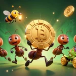 NAGA188 menghadirkan ilustrasi 3D tim semut menjalani misi membawa chip poker emas yang sangat besar, dikelilingi elemen kripto.