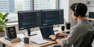 Learn dependency injection with Hilt in a modern coding workspace with a developer at dual monitors, books, and coffee