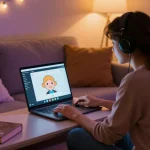 Engaging in an nsfw ai chat on a cozy couch, colorful ambiance and warm lighting.