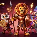 Engage in thrilling gameplay at IDC88JOKER as slot reels and lucky symbols surround dynamic characters.