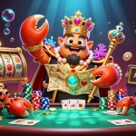 KAPTEN189 menampilkan ilustrasi kasino dengan kepiting kerajaan emas dan elemen permainan slot yang dinamis.