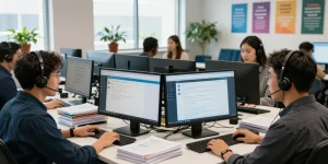 Agents providing Telus-Technical-Support in a busy customer service center.