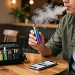 Young adult enjoying an electronic cigarette (電子菸主機) in a stylish café, showcasing modern vaping culture.
