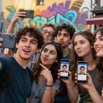 Group of friends using a celebrity look-alike app to see who looks like a celebrity, joyful urban scene.