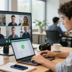 Engaging workspace with WhatsApp網頁版 on laptop, team collaboration, natural light.