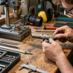 Skilled gunsmith customizing a Glock slide at https://precisionglockslides.com workshop with precision tools and parts.