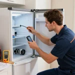 Freezer repair technician checking frost buildup during diagnostic visit in a modern kitchen.