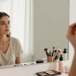 Woman applying eyebrow pencil light brown in a sunlit bathroom, showcasing a natural beauty routine.