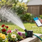 Homeowner using the rainpoint wifi water timer in a vibrant garden setting, showcasing smart watering.