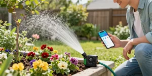 Homeowner using the rainpoint wifi water timer in a vibrant garden setting, showcasing smart watering.