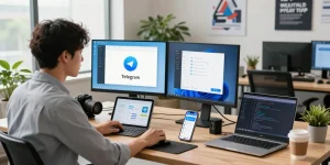 Accessing telegram china help center in a modern tech workspace with professionals and gadgets.