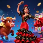 Experience the excitement of slot gacor games with a beautiful flamenco dancer amidst vibrant slot machine symbols and dynamic visuals.