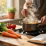 Eine lebendige Küchenszene, die zeigt, wie Vegane Suppen mit frischem Gemüse und warmem Licht zubereitet werden.