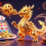 Experience LGOSUPER's thrilling slots through a vibrant 3D casino scene with a golden dragon and jackpot symbols.
