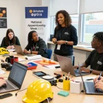 Vocational training UK session with diverse students learning hands-on skills in an engaging classroom.