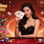 Scenario coinvolgente con una donna asiatica elegante che tiene due carte agli assi e mette in mostra lista casino non aams con elementi da casinò.