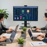 Recover stolen cryptocurrency with expert team analyzing market data in a modern office.