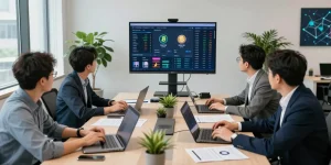 Recover stolen cryptocurrency with expert team analyzing market data in a modern office.