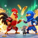 Situs gacor menghadirkan duel seru antara ayam jantan samurai dan ninja dengan harta karun emas mengelilingi mereka