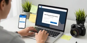 User interacting with 상봉동 한국관 platform on laptop, entering password for content verification in a modern workspace.