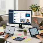 Collaboration scene featuring professionals working on 纸飞机中文版 app at a modern office