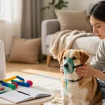 Owner using a 寵物家用氧氣機 to help their dog breathe better in a cozy living room.