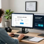 IT professional comparing cyber essentials vs iso 27001 in a modern workspace filled with tech elements and certification materials.