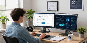 IT professional comparing cyber essentials vs iso 27001 in a modern workspace filled with tech elements and certification materials.