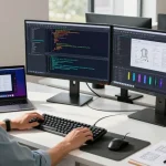 Efficient workspace featuring a software developer using 截图软件 with dual monitors displaying code and UI design.